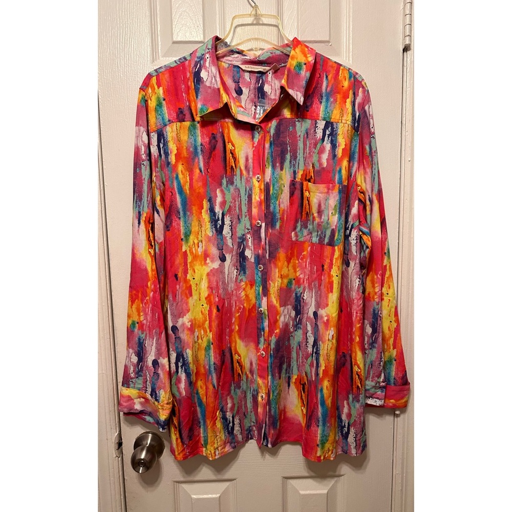 Soft Surroundings Bright Multi Colored Embroidered Beaded Button Down Shirt, 2X